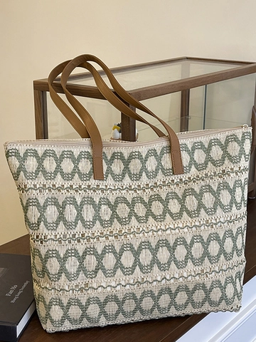 Borsa Tote in Paglia Intrecciata da Donna Grande Capacità Moda Motivo Geometrico Svuotato Borsa a Spalla Estiva da Spiaggia Con Tracolla in PU