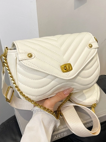 Bolso de Hombro de Cuero PU Acolchado para Mujer Con Monedero Redondo Patrón Chevron Bolso Bandolera Cadena Dorada Bolso Urbano