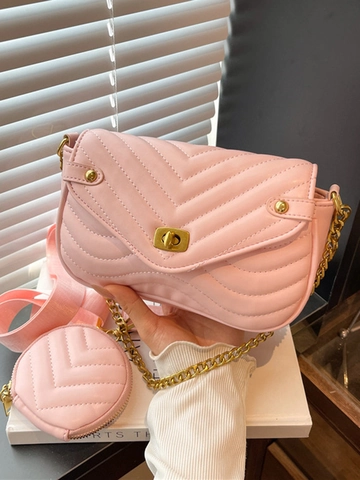 Bolso de Hombro de Cuero PU Acolchado para Mujer Con Monedero Redondo Patrón Chevron Bolso Bandolera Cadena Dorada Bolso Urbano