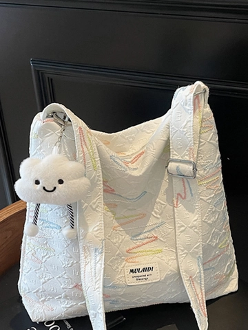 Dames Grote Capaciteit Gewatteerde Canvas Schoudertas Met Kleurrijk Golven Borduurwerk Casual Daily Tote Bag Met Cloud Charm