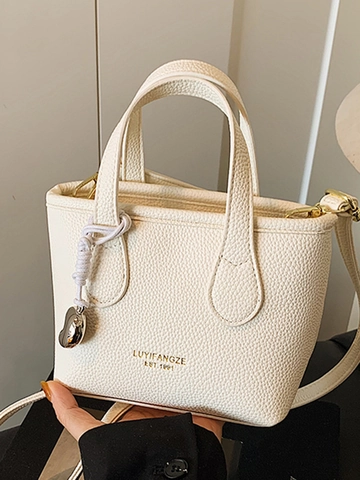 Borsa a Secchiello da Donna in Pelle PU con Motivo Litchi Semplice Urbana Borsa a Tracolla alla Moda con Ciondolo in Metallo