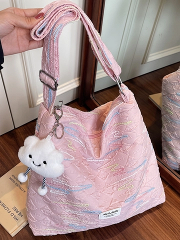 Dames Grote Capaciteit Gewatteerde Canvas Schoudertas Met Kleurrijk Golven Borduurwerk Casual Daily Tote Bag Met Cloud Charm