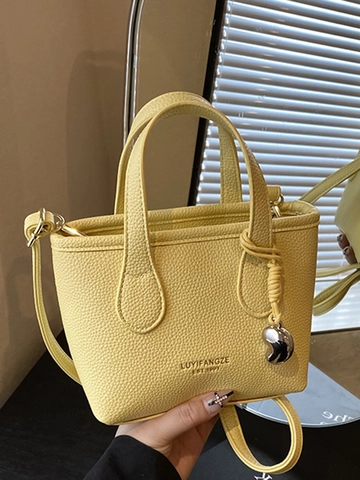 Borsa a Secchiello da Donna in Pelle PU con Motivo Litchi Semplice Urbana Borsa a Tracolla alla Moda con Ciondolo in Metallo