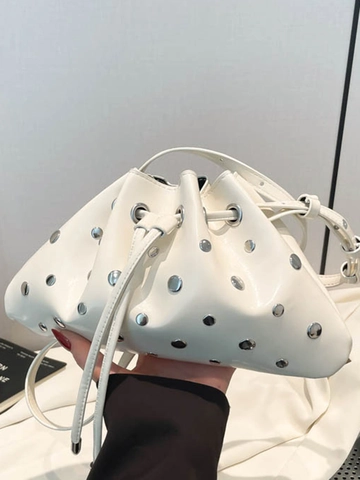 Borsa a Secchiello da Donna in Pelle PU Minimalista con Rivetti e Coulisse Borsa a Spalla Casual a Tracolla per Uso Quotidiano Viaggi