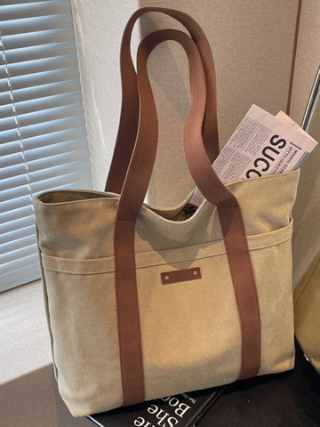 Borsa Tote in Tela ad Alta Capacità per Donna Minimalista Impunture a Contrasto Borsa a Tracolla Versatile Borsa a Mano per Lavoro Scuola