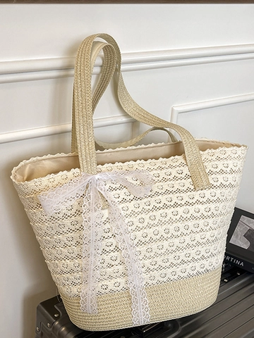 Französischer Stil Stroh Gewebte Tote Bag Für Damen Geräumige Strand Urlaub Schultertasche Mit Elegantes Spitze Schleife Dekor