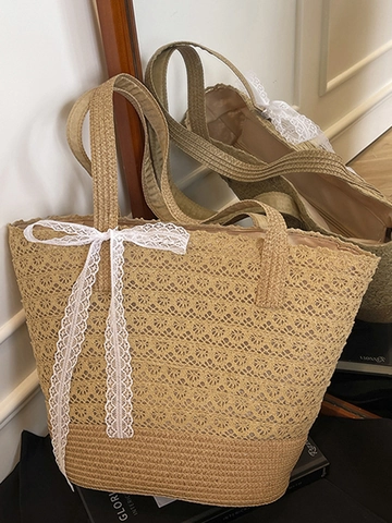 Französischer Stil Stroh Gewebte Tote Bag Für Damen Geräumige Strand Urlaub Schultertasche Mit Elegantes Spitze Schleife Dekor