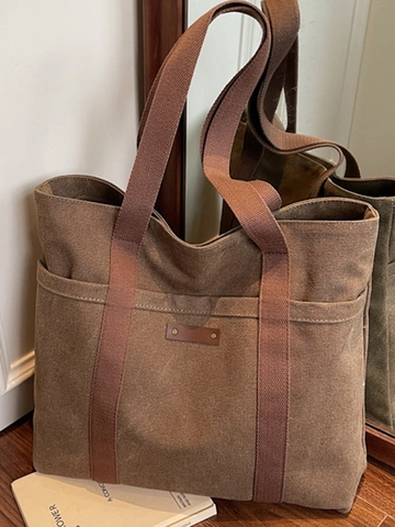 Borsa Tote in Tela ad Alta Capacità per Donna Minimalista Impunture a Contrasto Borsa a Tracolla Versatile Borsa a Mano per Lavoro Scuola