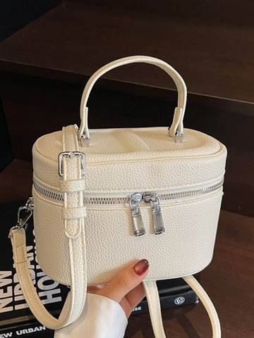 Women Vintage Vanity Box Bag PU Leather Litchi Pattern Shoulder Crossbody Bag Fashion Zipper Small Handbag Daily Casual Bag