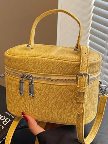 Women Vintage Vanity Box Bag PU Leather Litchi Pattern Shoulder Crossbody Bag Fashion Zipper Small Handbag Daily Casual Bag