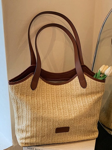 Γυναικεία Τσάντα Tote από Άχυρο Μεγάλη Χωρητικότητα Καλοκαίρι Παραλία Διακοπές Απλή Υφαντή Τσάντα Ώμου Με Διακόσμηση PU
