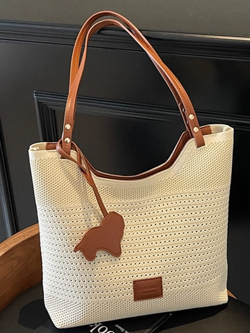 Women Large Capacity Knit Tote Bag Contrast Color Crochet Shoulder Bag With Animal Charm Casual Beach Bag Summer Handbag