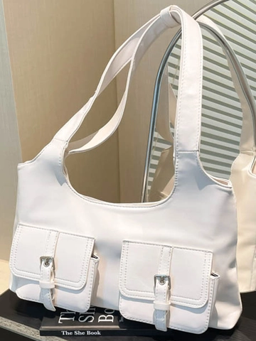 Vintage PU Leather Double Pocket Shoulder Bag For Women Minimalist Underarm Bag Fashion Commuting Handbag Daily Travel
