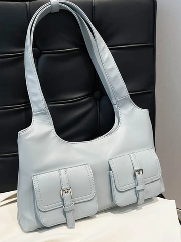 Vintage PU Leather Double Pocket Shoulder Bag For Women Minimalist Underarm Bag Fashion Commuting Handbag Daily Travel