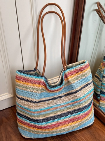 Borsa Tote in Paglia Intrecciata a Righe di Grande Capacità per Donna Borsa a Tracolla Moda per Vacanze al Mare Estive