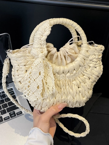 Borsa a Mano in Paglia Intrecciata in Stile Coreano Estivo da Donna Con Fiocco in Pizzo Fodera Interna con Coulisse Mare