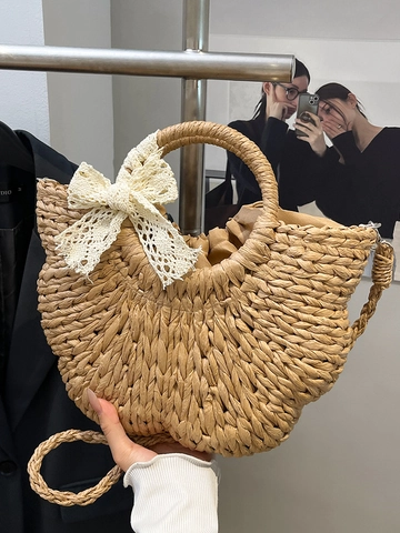 Borsa a Mano in Paglia Intrecciata in Stile Coreano Estivo da Donna Con Fiocco in Pizzo Fodera Interna con Coulisse Mare
