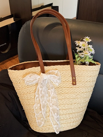Women Large Capacity Straw Woven Tote Bag With Lace Bow Urban Minimalist Shoulder Bag Summer Beach Vacation Shopping Handbag