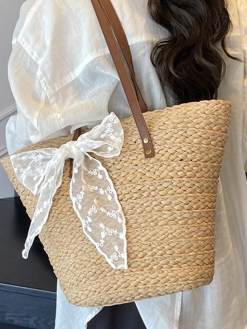 Women Large Capacity Straw Woven Tote Bag With Lace Bow Urban Minimalist Shoulder Bag Summer Beach Vacation Shopping Handbag