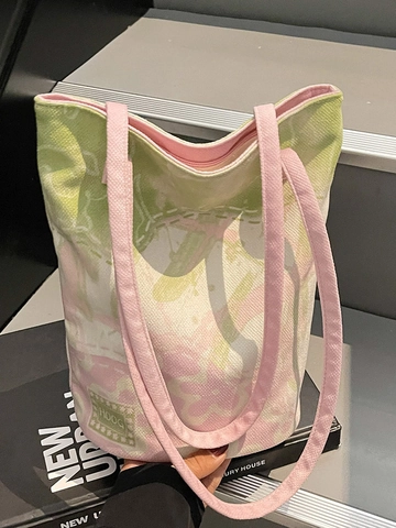 Borsa Tote in Tela da Donna Stampa Floreale Grande Capacità Borsa a Tracolla Fresco Casual Pendolare Shopping Rosa Verde