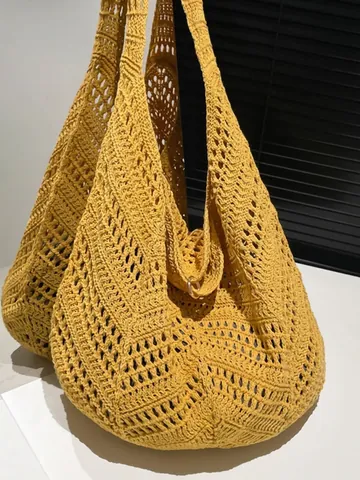 Borsa Tote in Maglia Traforata all'Uncinetto in Stile Bohémien Mori Borsa a Spalla di Grande Capacità per Donna Borsa Casual da Spiaggia Estiva