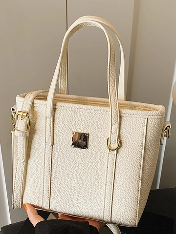 Women Minimalist PU Leather Bucket Bag Litchi Texture Handbag With Gold Metal Decoration Casual Shoulder Crossbody Bag