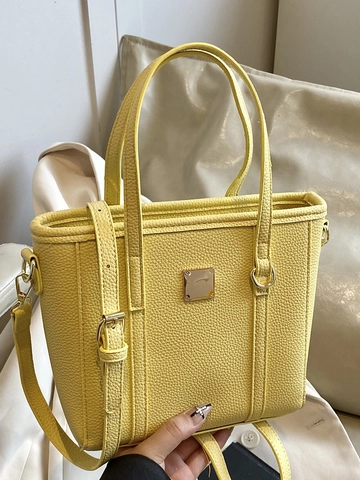 Women Minimalist PU Leather Bucket Bag Litchi Texture Handbag With Gold Metal Decoration Casual Shoulder Crossbody Bag