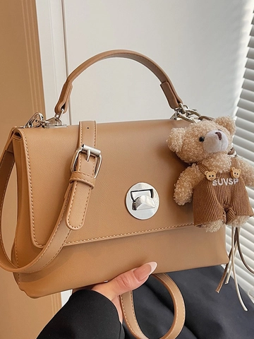Structured PU Leather Tote Bag For Women With Plush Bear Charm 2025 Fashion Shoulder Messenger Bag High Capacity Commuter Small Square Bag
