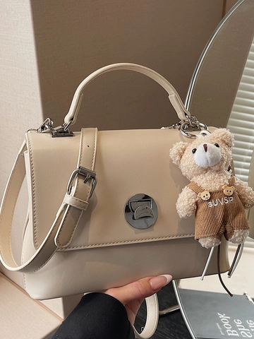 Structured PU Leather Tote Bag For Women With Plush Bear Charm 2025 Fashion Shoulder Messenger Bag High Capacity Commuter Small Square Bag