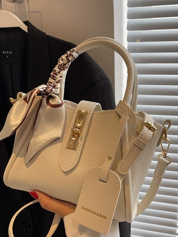 Borsa a Tracolla in Pelle PU con Motivo Litchi per Donna Piccola Decorazione a Foulard di Seta Borsa Tote Borsa a Mano