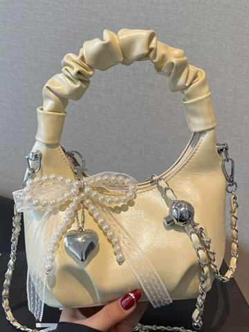 Women Fashion Ruched Handle PU Leather Shoulder Bag Solid Color Elegant Lady Handbag With Pearl Lace Ribbon Heart Charms