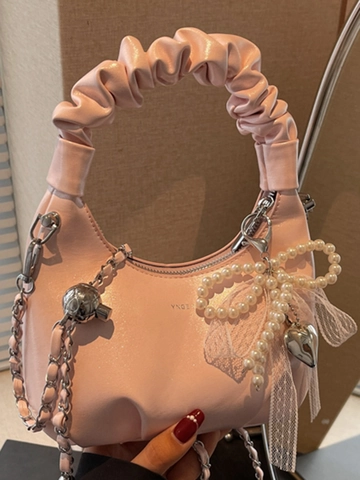 Women Fashion Ruched Handle PU Leather Shoulder Bag Solid Color Elegant Lady Handbag With Pearl Lace Ribbon Heart Charms