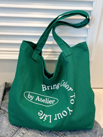 Borsa Tote in Tela da Donna Casual Grande Capacità Stampa Lettere Borsa a Tracolla Retrò Semplice per Shopping Quotidiano