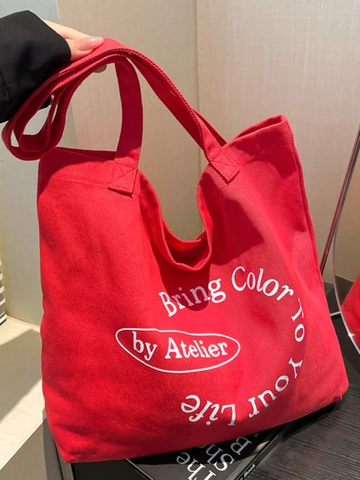 Borsa Tote in Tela da Donna Casual Grande Capacità Stampa Lettere Borsa a Tracolla Retrò Semplice per Shopping Quotidiano