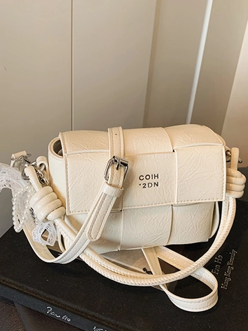 Woven PU Leather Small Square Crossbody Bag With Artificial Pearl Lace Charm Fashion Elegant Urban Women Shoulder Bag For Daily Party