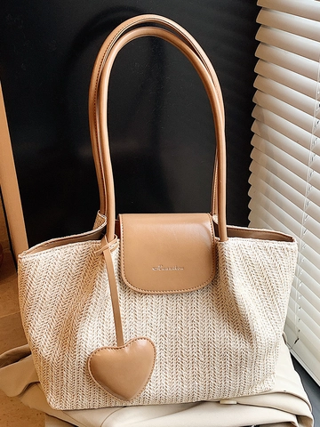 Damen Vintage Stroh Gewebte Tragetasche Große Kapazität Strand Urlaub Umhängetasche Mit Herzanhänger PU Leder Patchwork Handtasche