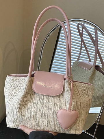 Damen Vintage Stroh Gewebte Tragetasche Große Kapazität Strand Urlaub Umhängetasche Mit Herzanhänger PU Leder Patchwork Handtasche