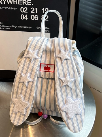 Süße Hasenohren Gestreift Baumwolle Canvas Rucksack Für Damen Kawaii Sterne Patchwork Große Kapazität Schultasche Student Tasche