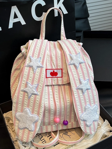 Süße Hasenohren Gestreift Baumwolle Canvas Rucksack Für Damen Kawaii Sterne Patchwork Große Kapazität Schultasche Student Tasche