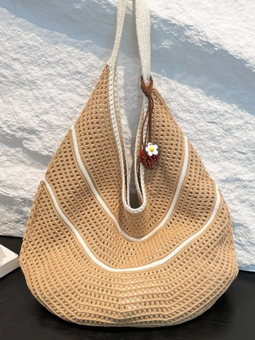 Bolso de Hombro Tejido a Ganchillo Hecho a Mano Color de Contraste Hueco Empalme Tote Bag Verano Playa Vacaciones Casual Mujer