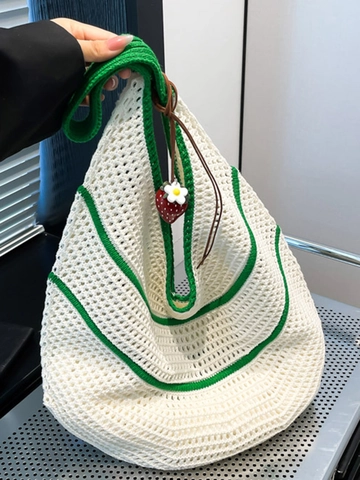 Bolso de Hombro Tejido a Ganchillo Hecho a Mano Color de Contraste Hueco Empalme Tote Bag Verano Playa Vacaciones Casual Mujer
