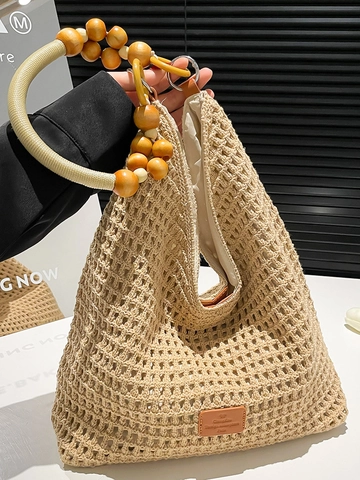 Damen Große Kapazität Handgewebte Tragetasche Sommer Bohemian Ausgehöhlte Schultertasche Mit Holzperlen Riemen Mode Strandtasche