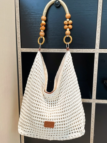 Damen Große Kapazität Handgewebte Tragetasche Sommer Bohemian Ausgehöhlte Schultertasche Mit Holzperlen Riemen Mode Strandtasche