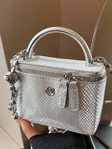 Damen Trendy Silber PU Schminkkoffer Schultertasche Kamelienblüte Metallkette Crossbody Tasche Schlangen Leopardenmuster Nische Design Box Tasche