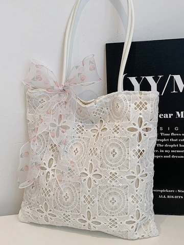 Sac Fourre-Tout Élégant en Dentelle Blanche Ajourée pour Femmes Style Français Sac à Épaule Fleuri Romantique Avec Nœud