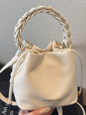 Fashion PU Leather Women Bucket Bag Litchi Pattern Woven Handle Drawstring Shoulder Crossbody Bag Casual Urban Style Bag