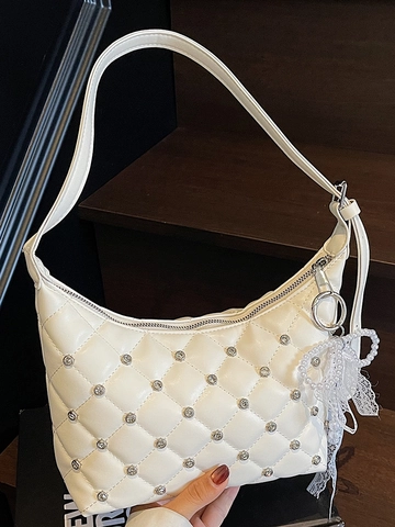 Sac Sous le Bras Matelassé Losanges pour Femmes Sac Hobo en Cuir PU avec Strass et Pendentif Nœud en Dentelle Perle Sac à Épaule
