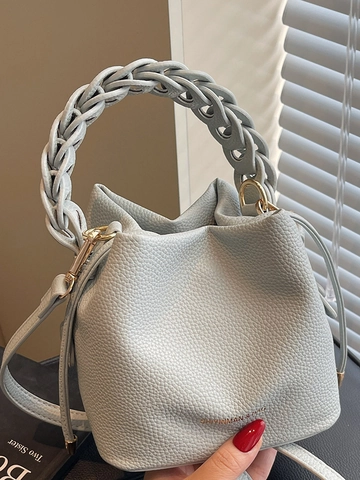 Fashion PU Leather Women Bucket Bag Litchi Pattern Woven Handle Drawstring Shoulder Crossbody Bag Casual Urban Style Bag