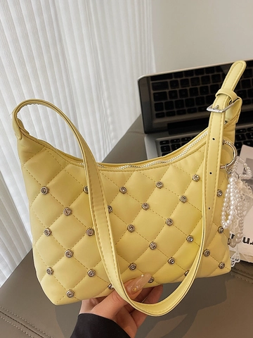 Sac Sous le Bras Matelassé Losanges pour Femmes Sac Hobo en Cuir PU avec Strass et Pendentif Nœud en Dentelle Perle Sac à Épaule