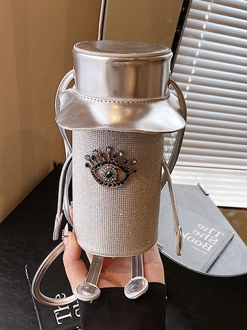Novelty Robot Shaped Silver Glitter PU Leather Crossbody Bag Exquisite Rhinestone Evil Eye Pattern Cylindrical Handbag For Women